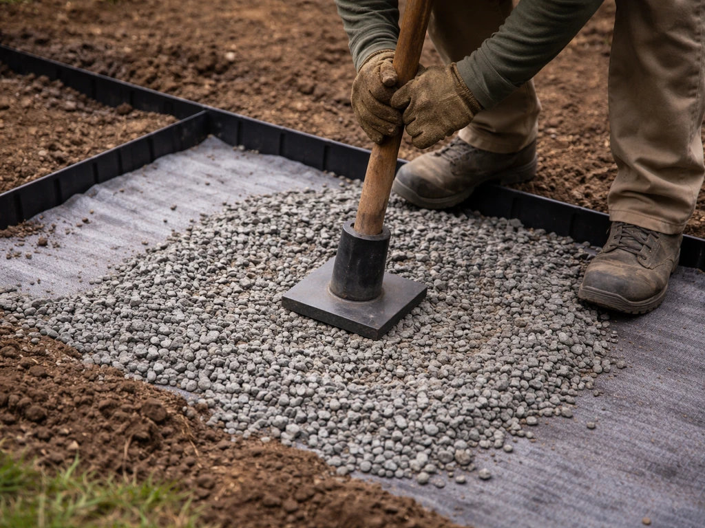 Worker tamps compactable aggregate base while rigid edge restraints hold a crisp boundary on geotextile.