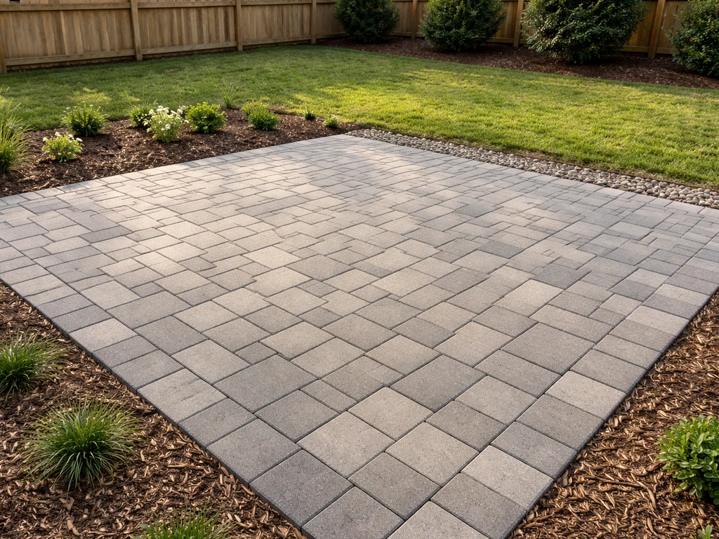 Finished interlocking paver patio with clean edges and a slight drainage slope in a backyard.