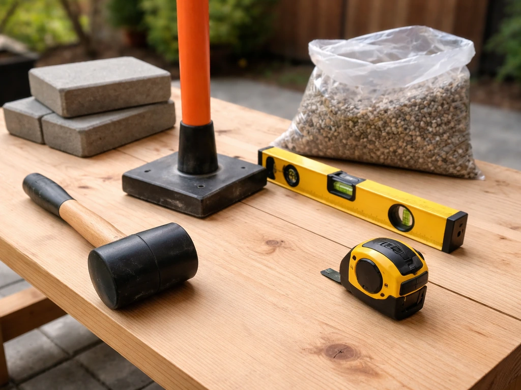 Patio DIY tools and materials neatly laid out on a workbench for deciding what to rent vs buy.