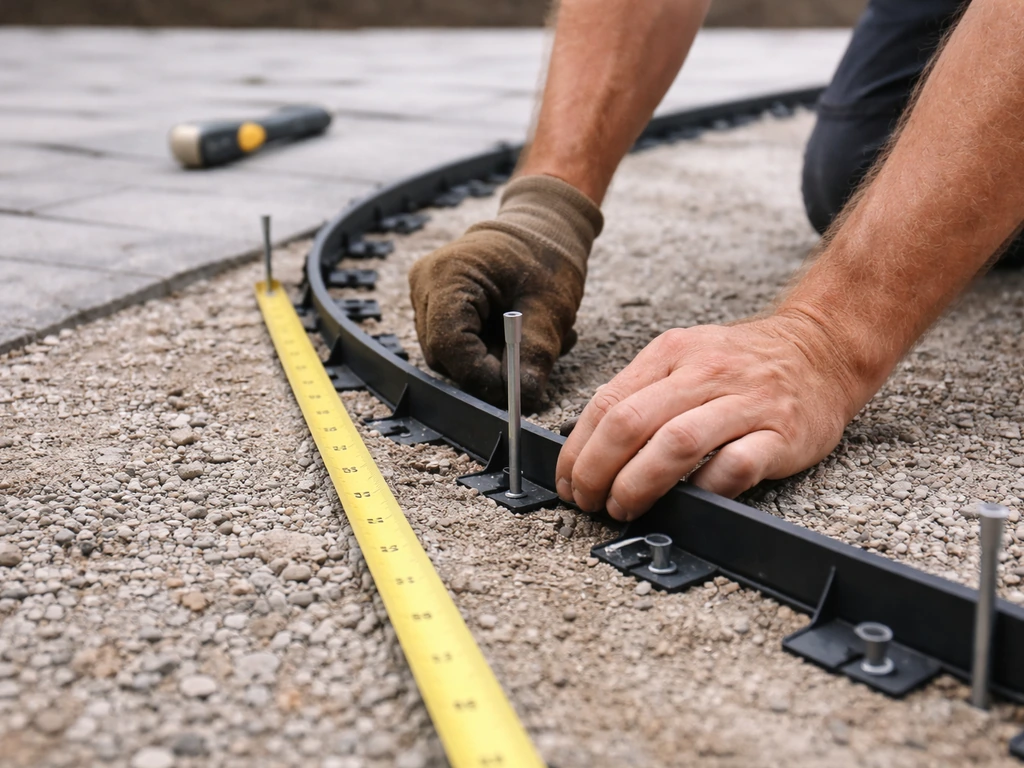 Hands staking plastic paver edging along a patio perimeter with a tape measure for even spacing.