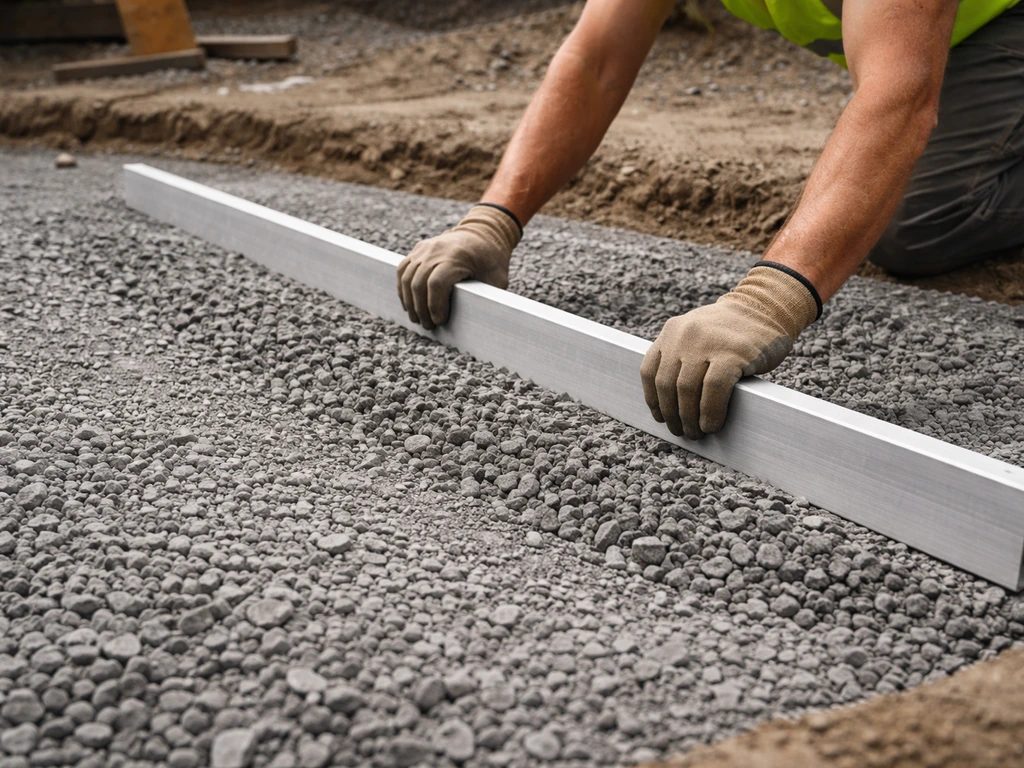 Crushed stone base spread in 2-inch lifts, leveled with a straightedge before compacting.