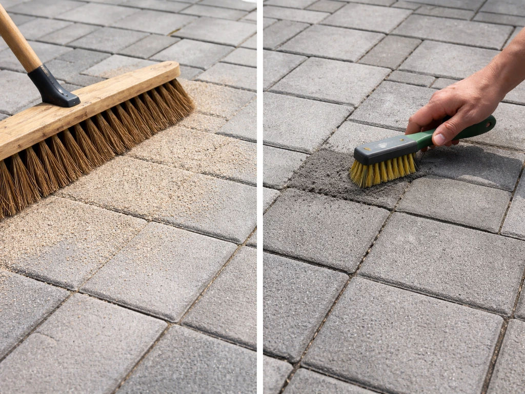 Dry sand swept into paver joints beside a separate area of polymeric sand being brushed in
