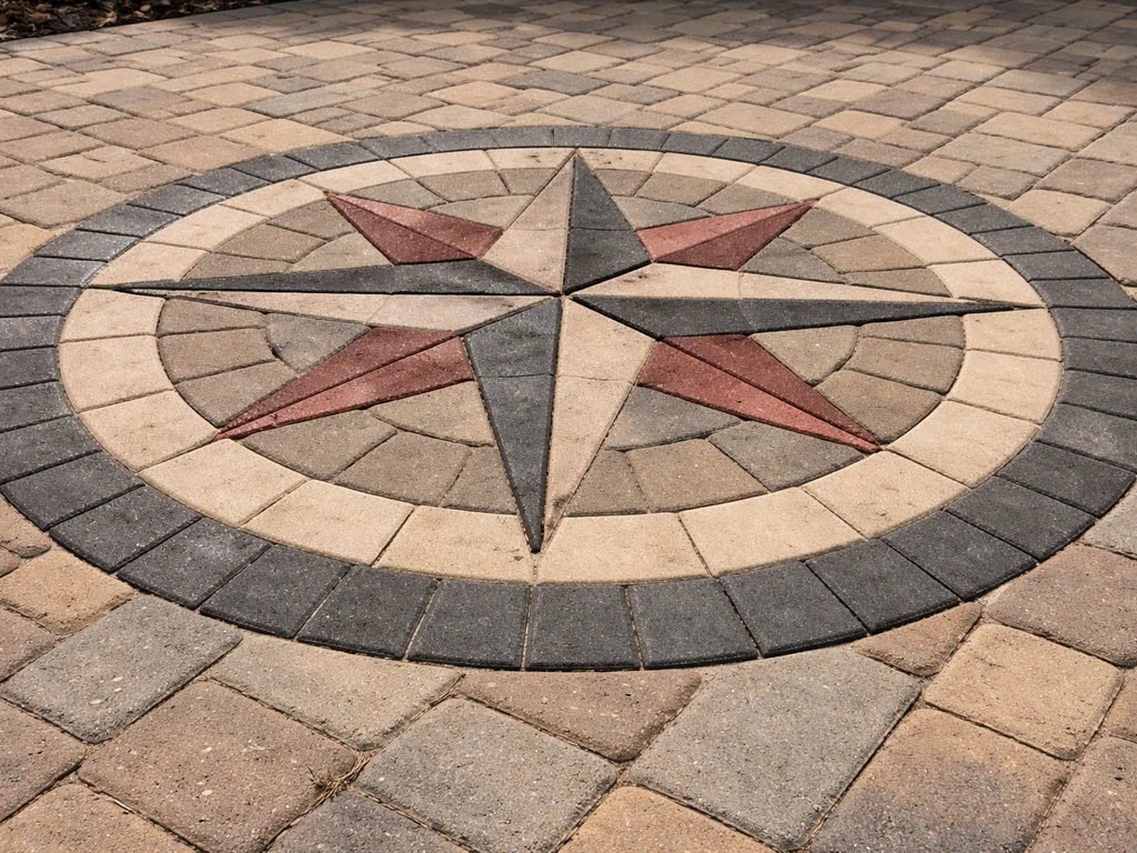Oblique photo of a finished multi-color paver compass rose in an outdoor patio.