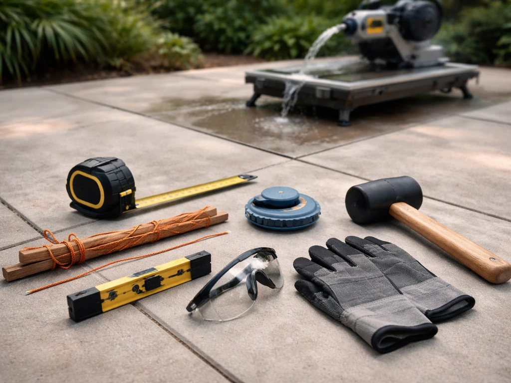 Tools for paver laying laid out on a patio, including tape measure, chalk line, level, mallet, and wet saw.