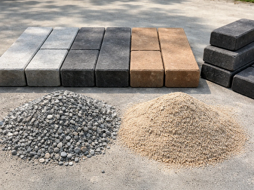 Close-up of contrasting pavers, gravel base, and edging stones lined up for a compass rose inlay.