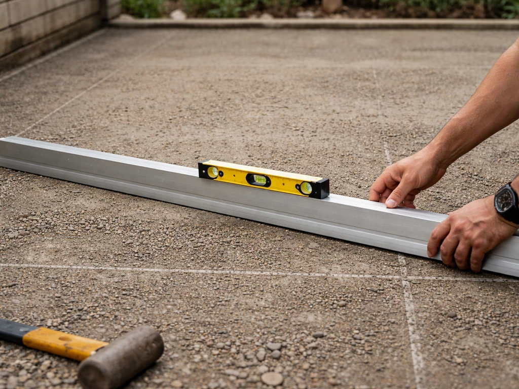 Contractor checks a compacted patio base with a level and screed before laying an inlay design.
