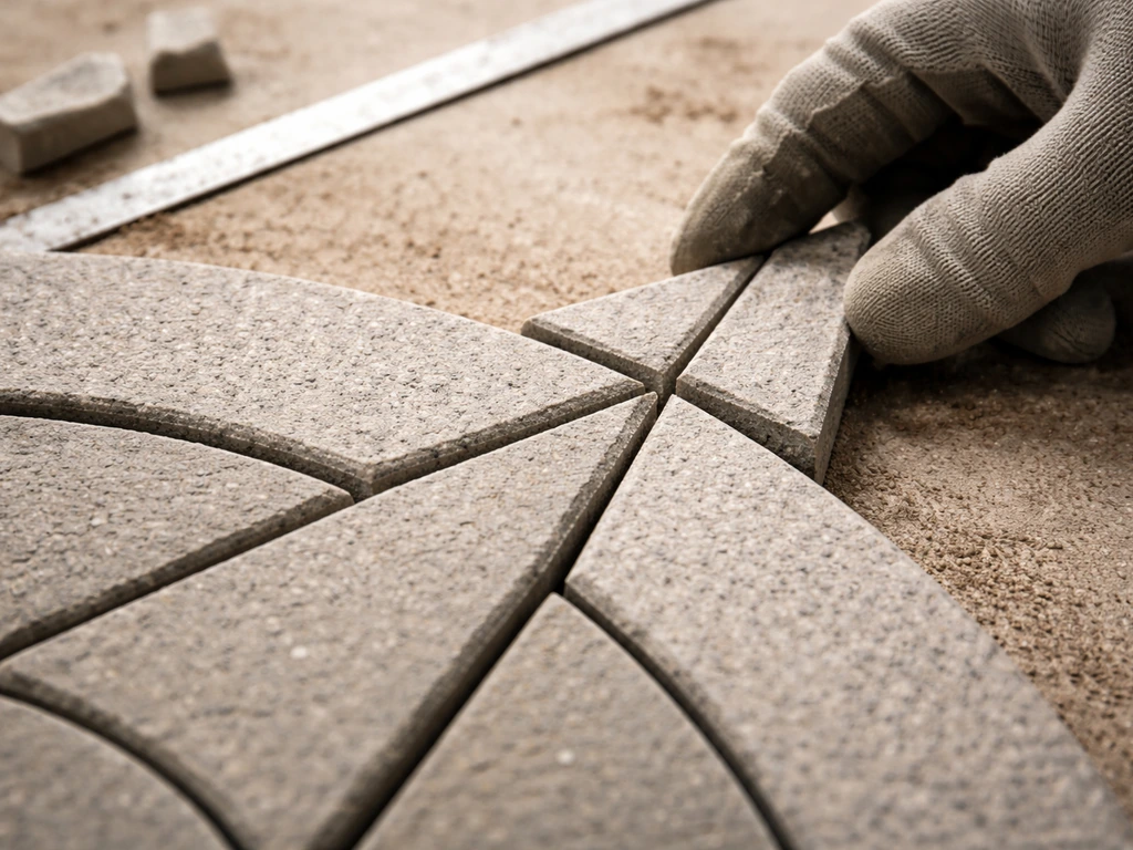 Close-up dry-fitting small triangular 45° pavers at a compass-point ray tip on a work table.