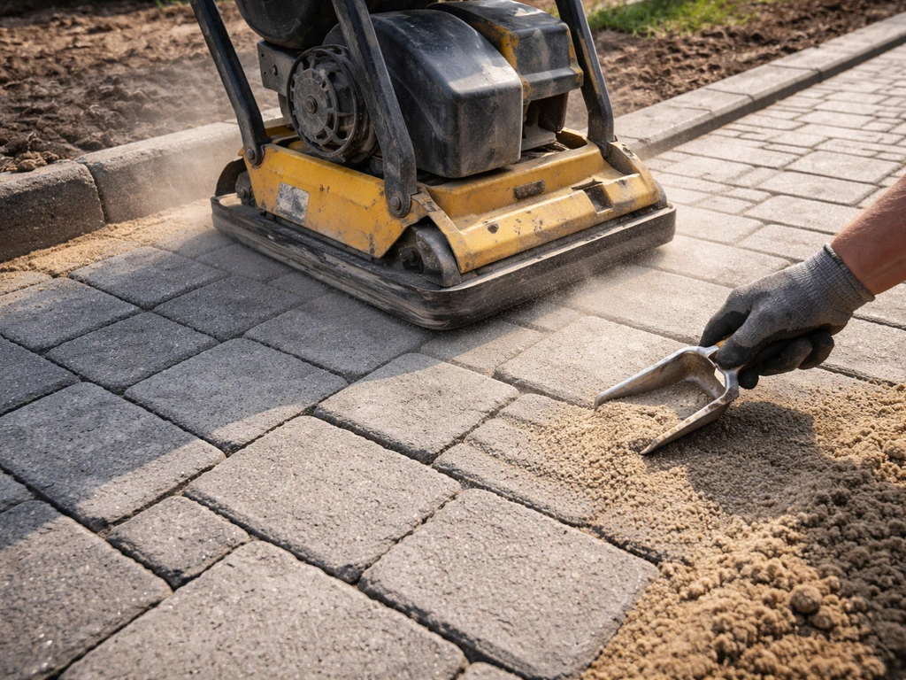 Plate compactor pressing pavers into sand base with polymeric joint sand being worked in
