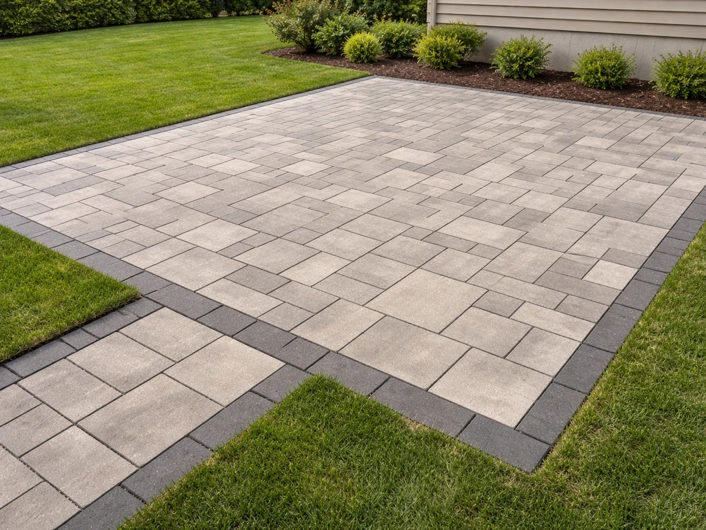 Finished concrete paver patio with visible joints, dark edging, and integrated walkway in a tidy backyard.