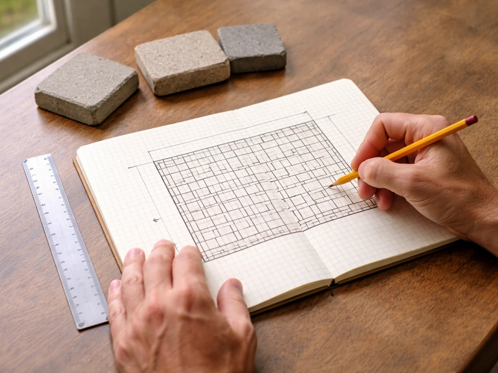 Hands sketch a concrete paver patio layout on graph paper with a ruler and paver samples nearby.