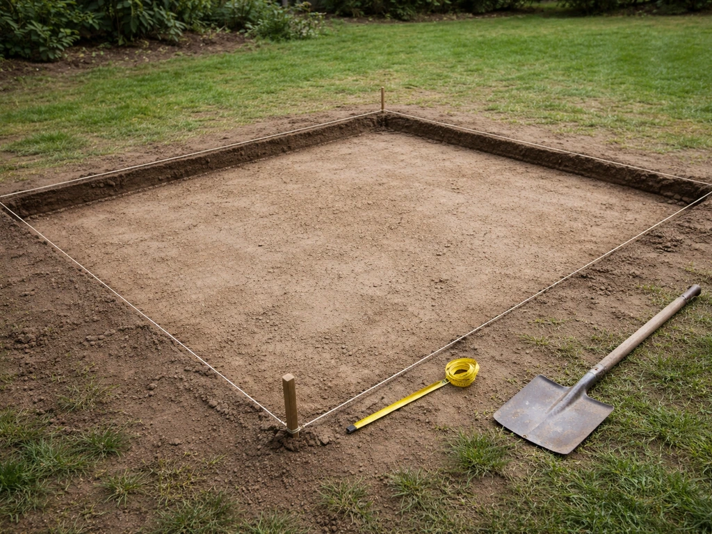 Excavated patio footprint with marked perimeter lines and exposed soil ready for base installation.