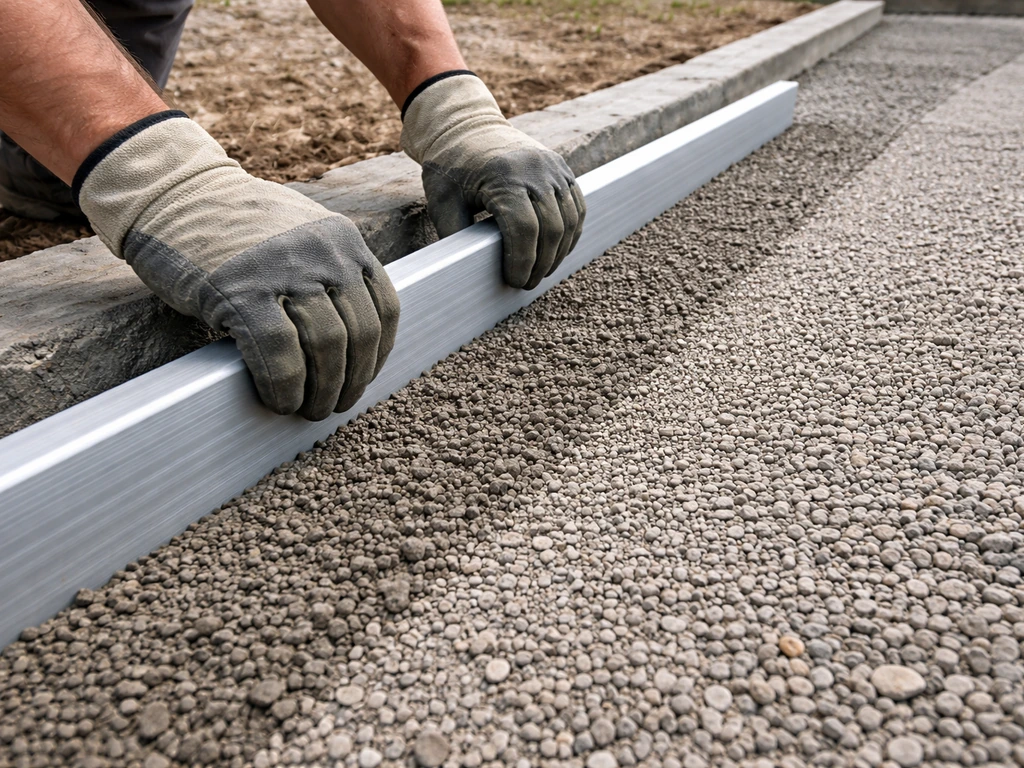 Gloved hands screeding a compacted gravel base smooth for a drainage slope