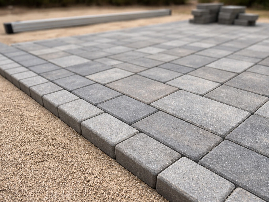 Close-up of a paver patio soldier-course border with field pavers laid in a clean grid