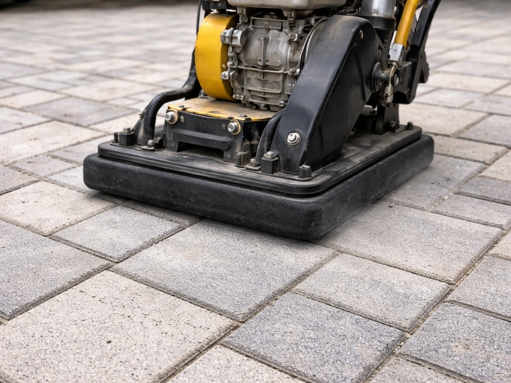 Plate compactor with a protective rubber mat pressing newly laid pavers into jointing sand
