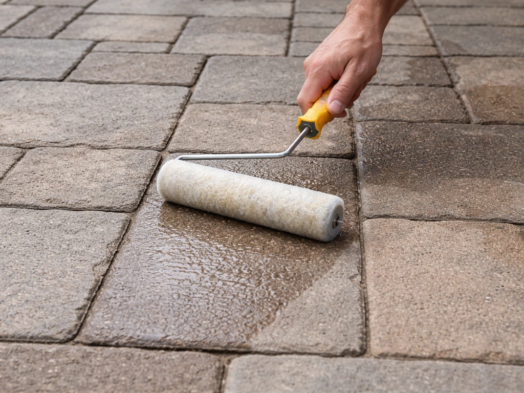 Hands rolling clear sealer onto a concrete paver patio, darkening and protecting the surface.