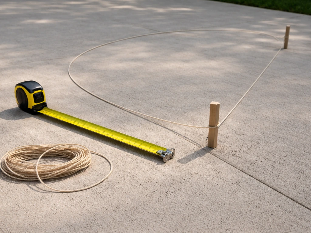 Tools for planning a circular patio radius: tape measure, string, and stakes laid on a work surface