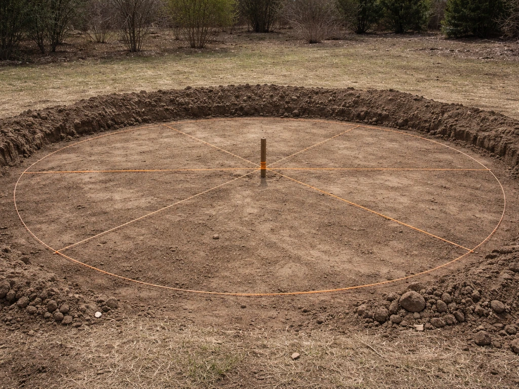 Taut string from a center stake outlines a circular patio footprint with shallow soil excavation around it.