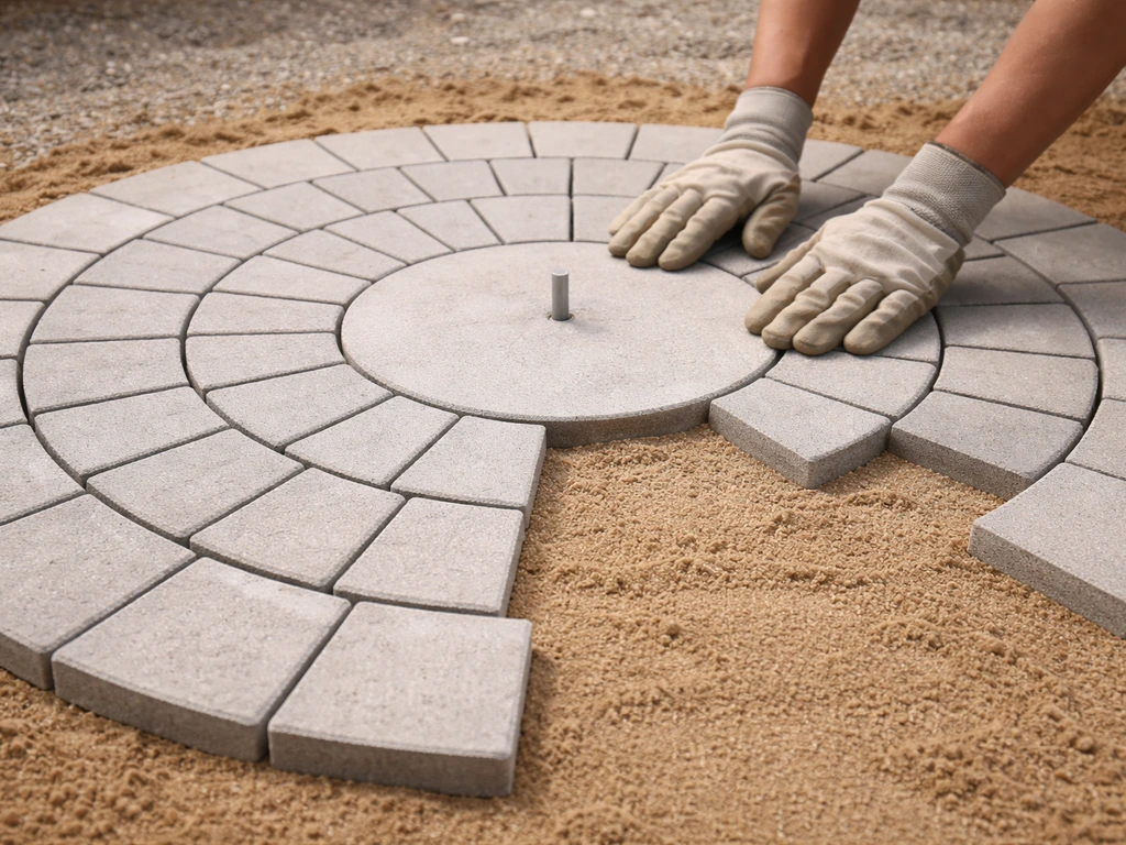 Hands placing concrete pavers in neat radial rings around a center stake
