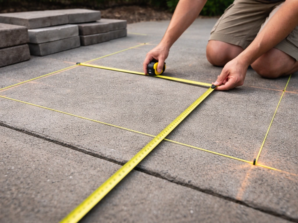 Hands measuring a rectangular patio layout with measuring tape, string lines, and spray-painted markings on concrete.