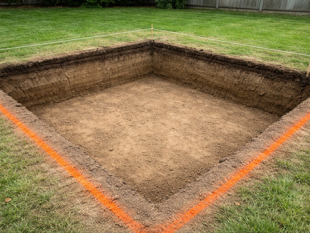 Excavated patio area cross-section view with marked perimeter set back outside string lines