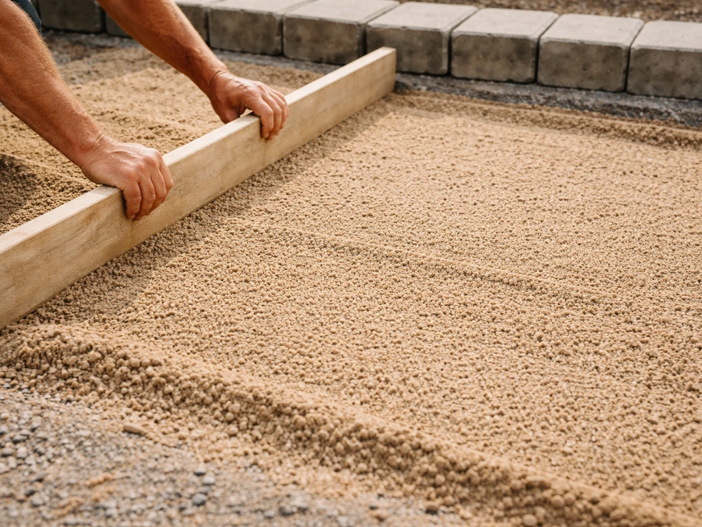 Close-up of coarse concrete sand being screeded smooth beneath large pavers