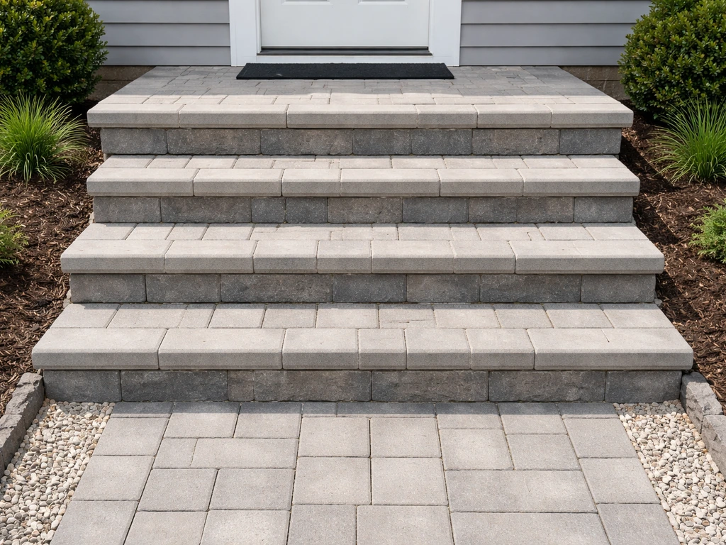 Finished paver patio steps with neat edges leading to a home entrance landing, seen in natural daylight.
