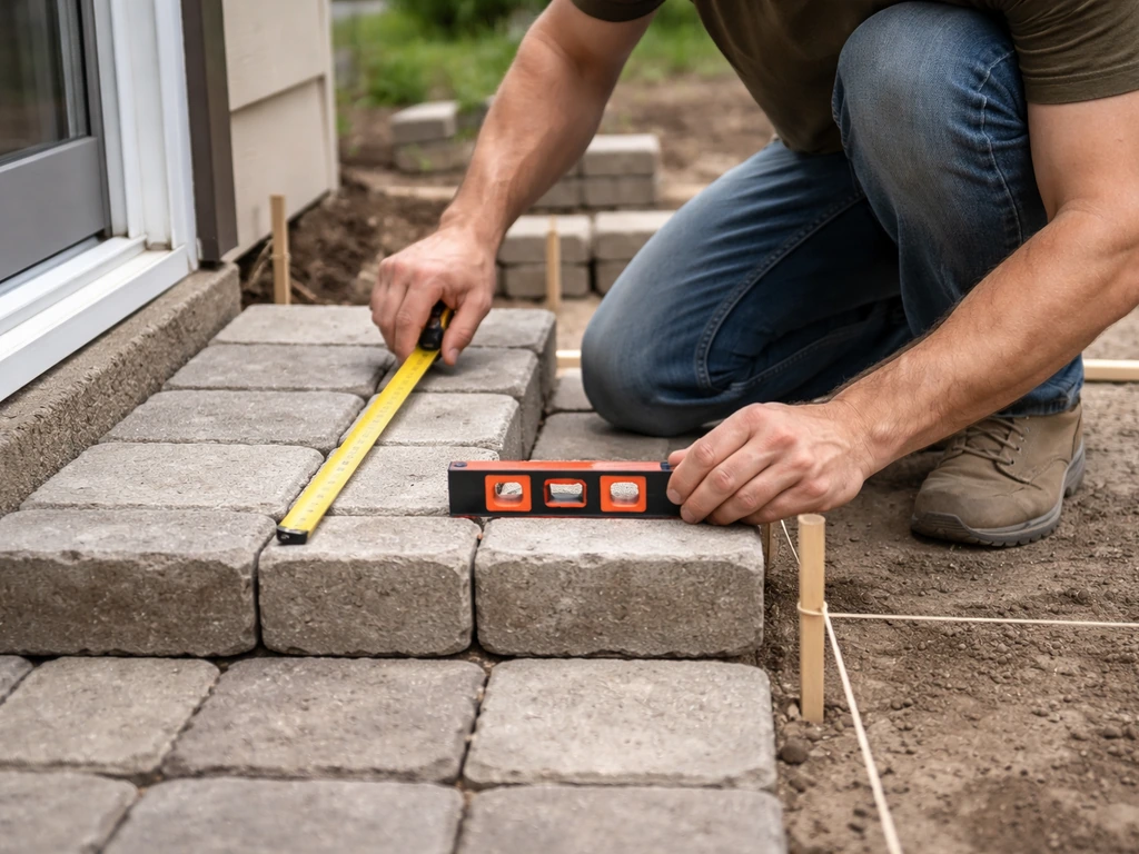 Hands measuring total rise from a patio door threshold to the lower landing using tape and level.