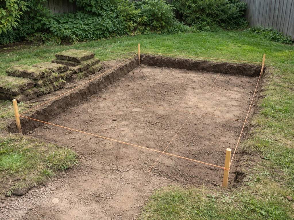 Marked-out step footprint with stakes and mason’s string over stripped sod/soil in a yard