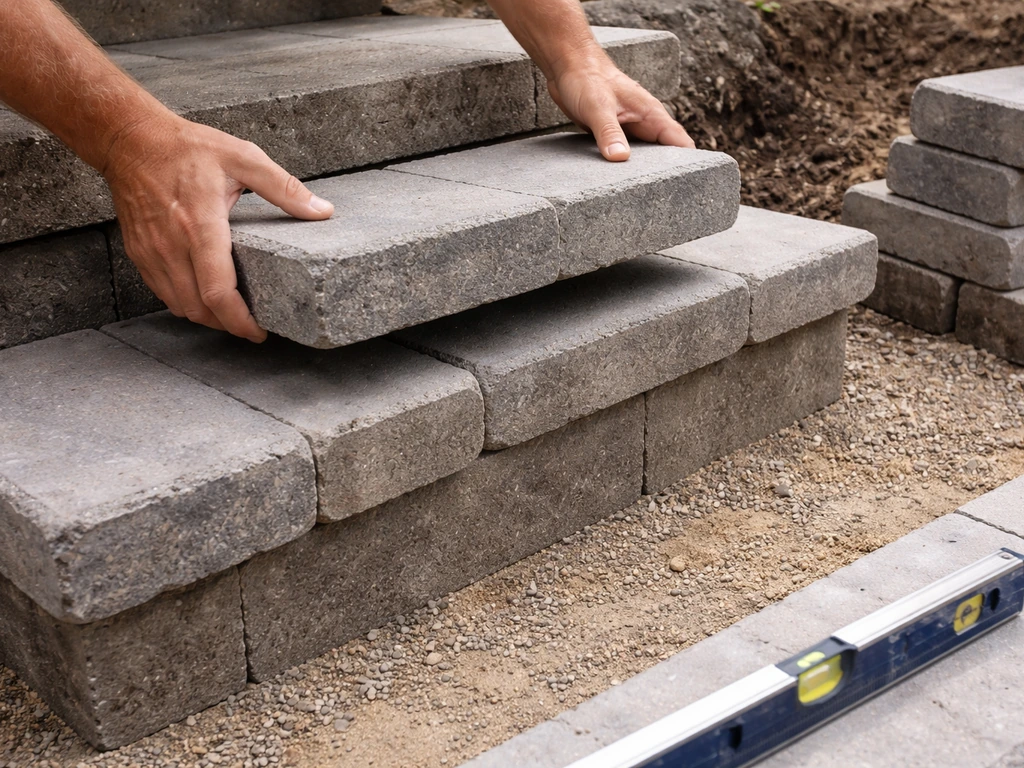 Hands setting bottom riser and tread pavers on outdoor steps in sequence, overlapping for locking.