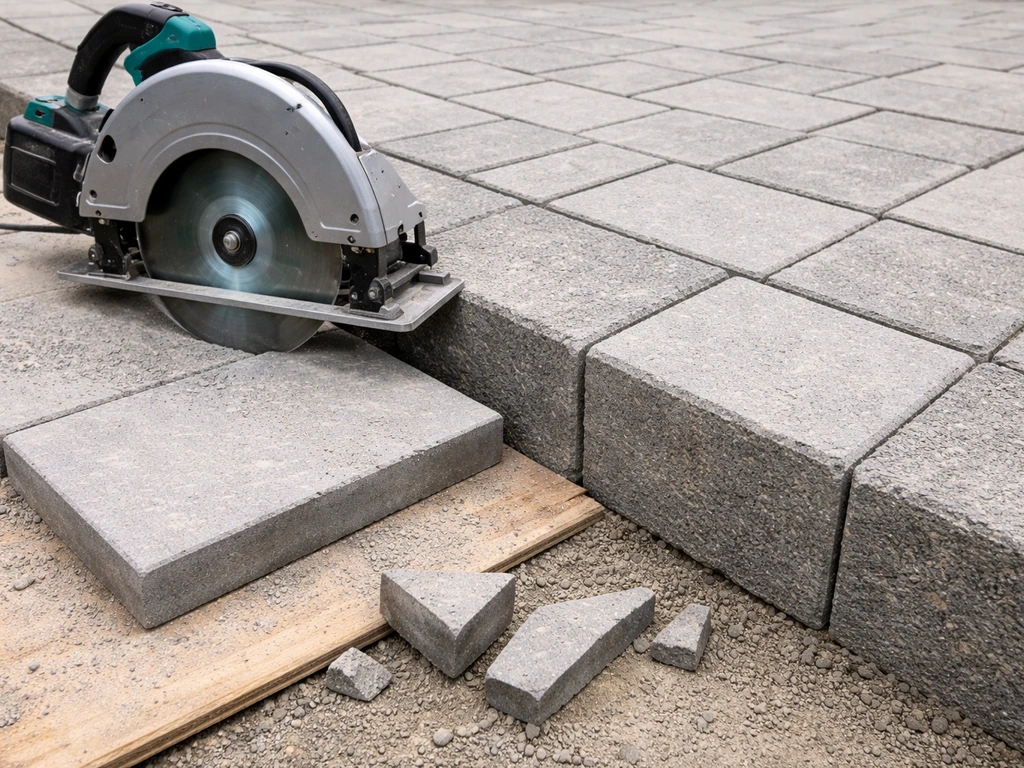 Circular saw cuts a concrete paver, with a trimmed piece fitted near a step-edge paver run.