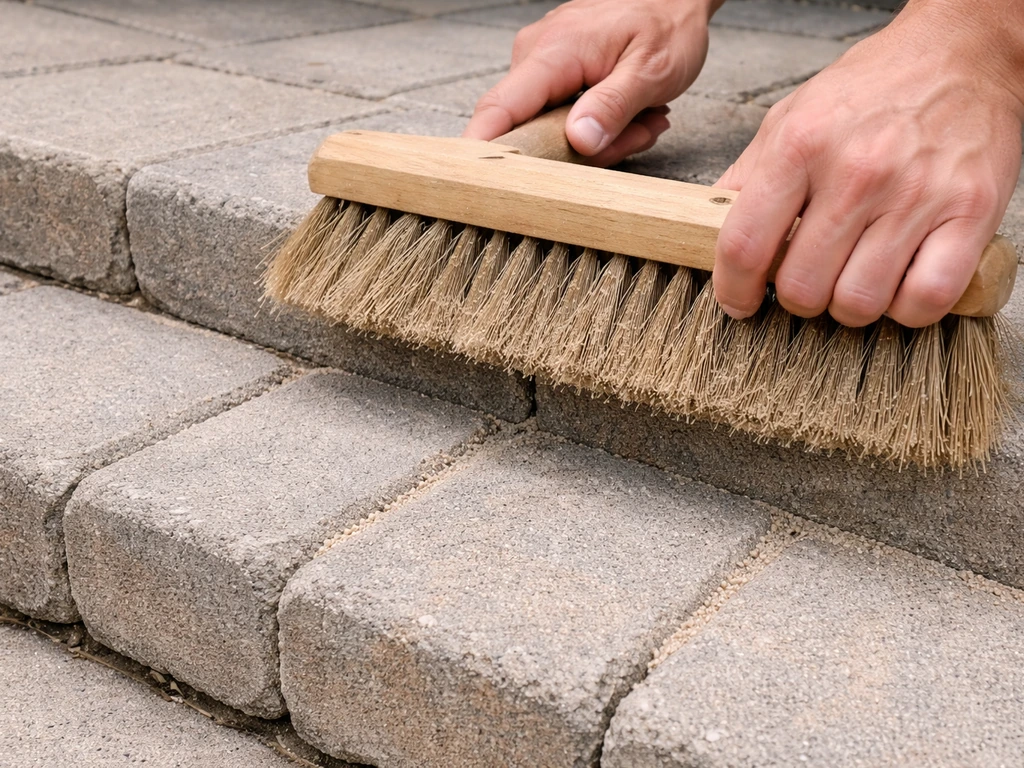 Hands brushing polymeric sand into paver step joints with water-wetting-ready filled lines