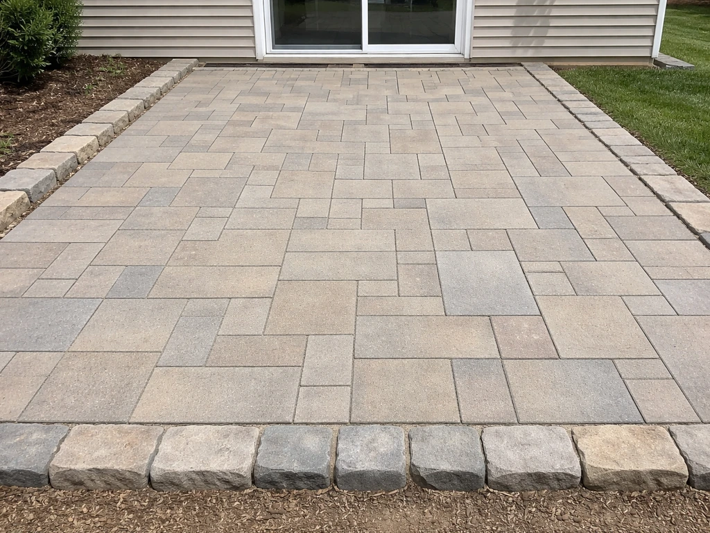 Wide view of a neatly installed patio paver surface with clean joints and visible edging.