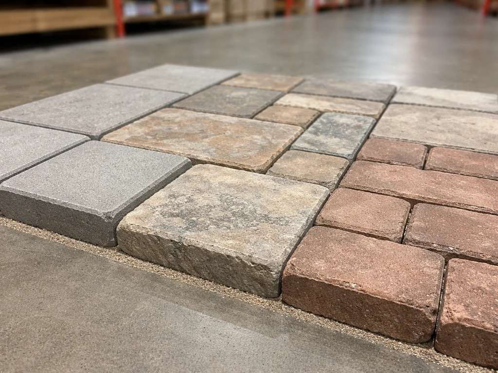 Close-up of concrete, natural stone, and brick-style pavers with different textures and shapes laid out.