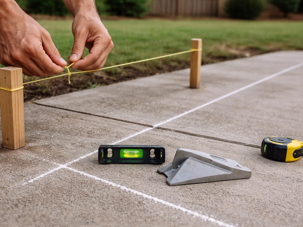 Hands setting a taut string line with a bubble level for patio drainage and slope on concrete.