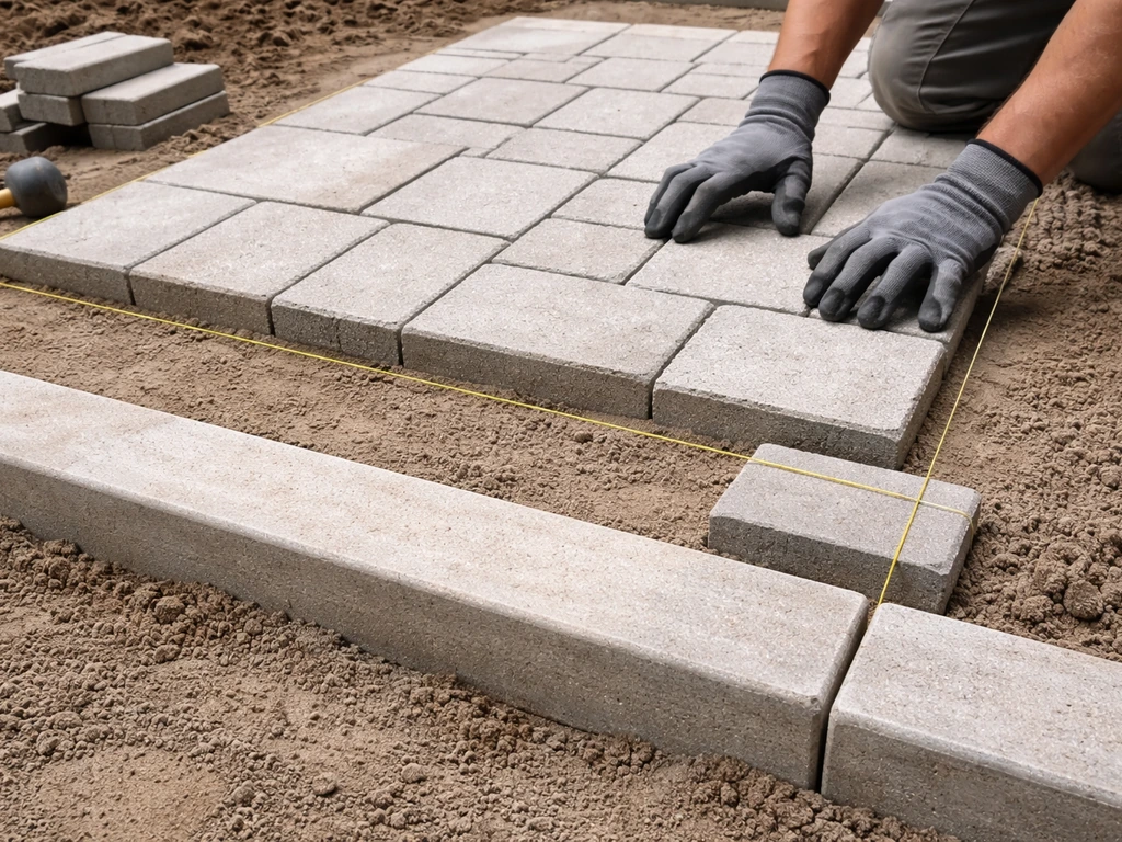 Hands placing concrete pavers along a straight line with a cut paver piece ready at the edge