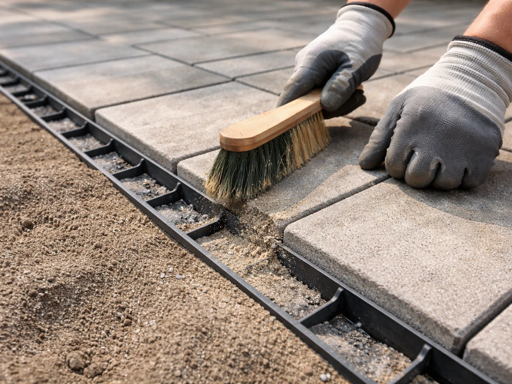 Gloved hands brushing polymeric sand into patio paver joints beside installed edge restraints.