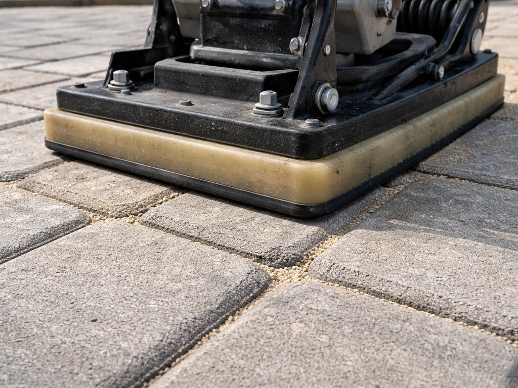 Contractor uses a plate compactor with a rubber pad over patio pavers covered in polymeric jointing sand.