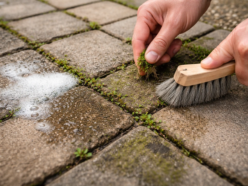 Hands loosening weeds in paver joints with a joint brush and paver-safe cleaner foam on dark stains.