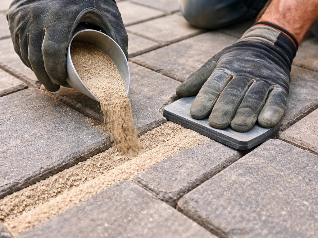 Polymeric joint sand being poured into paver patio joints, leveled for stable, filled gaps.
