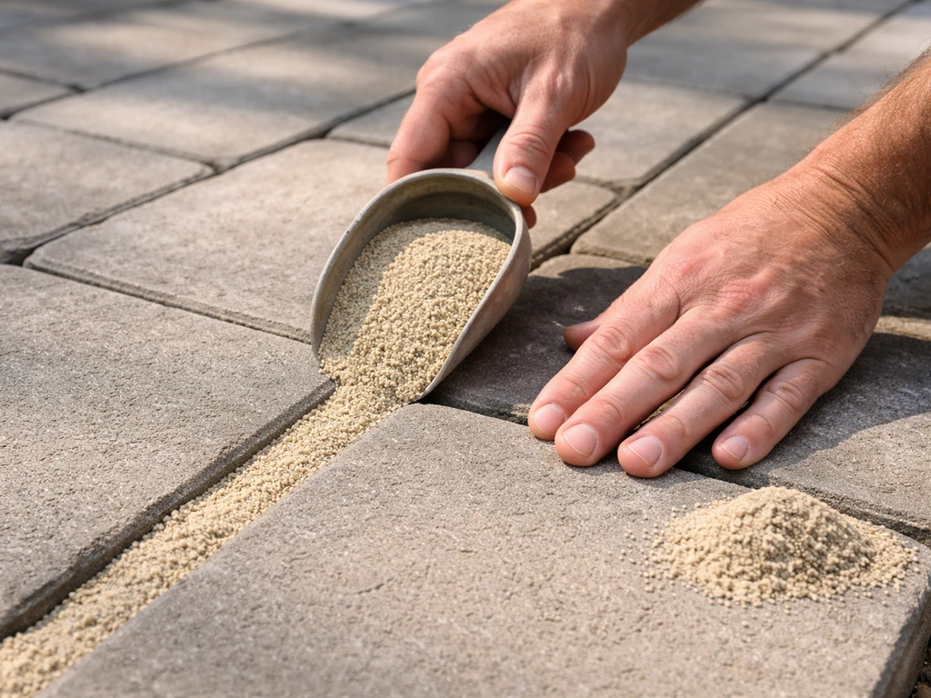 Hands pouring polymeric sand into dry paver joints on a sunny patio, with excess sand visible.