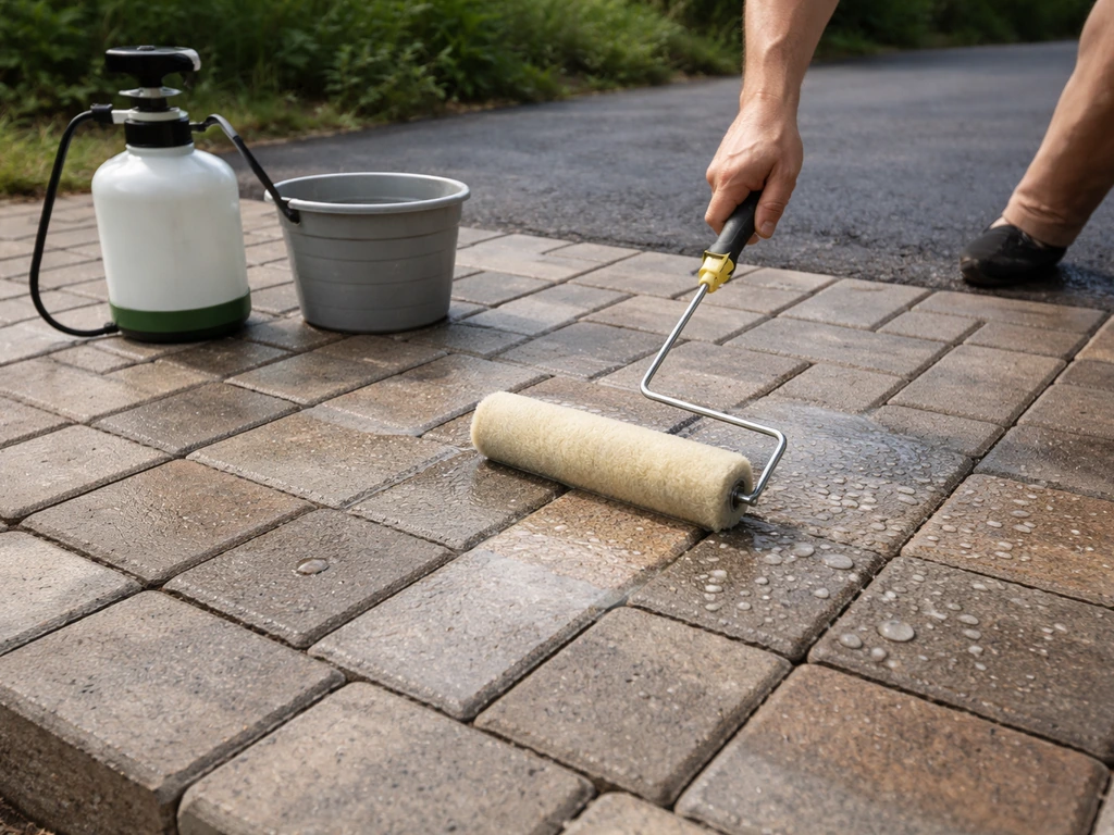 Hands rolling clear sealer on pavers with visible water beads after misting, showing resealing results.