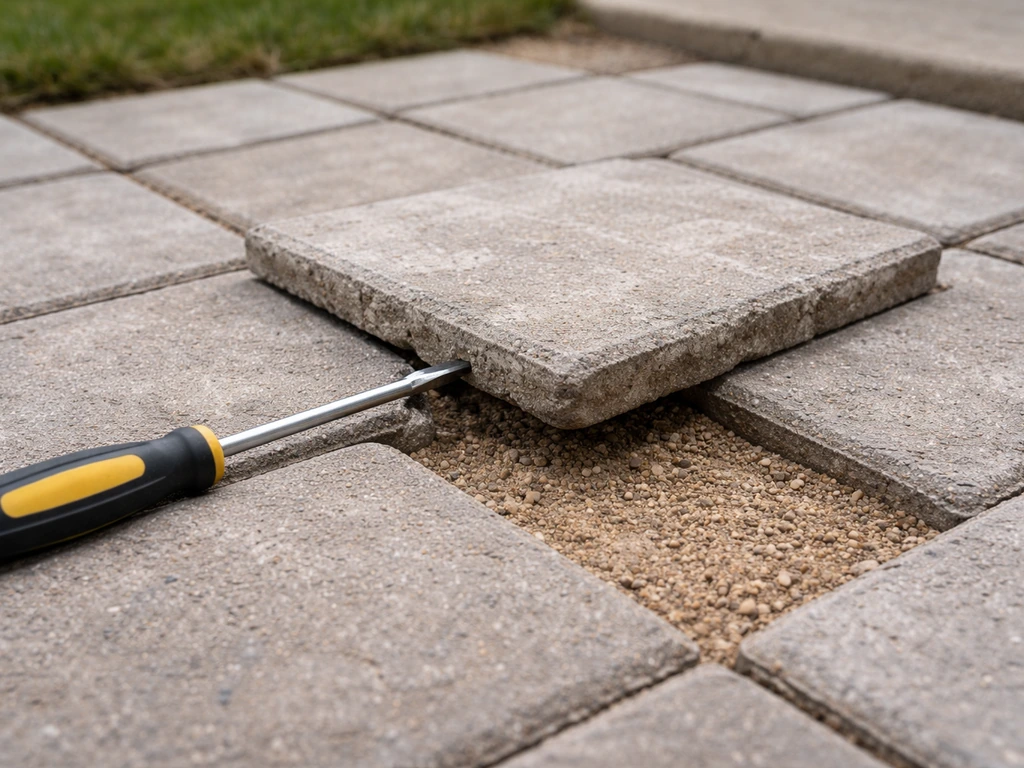 A patio paver popped up shows damp bedding sand, with a flat tool nearby for resetting the paver.