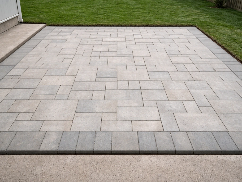 Finished DIY patio with neatly laid pavers, even slope, and filled joints in a simple yard setting.