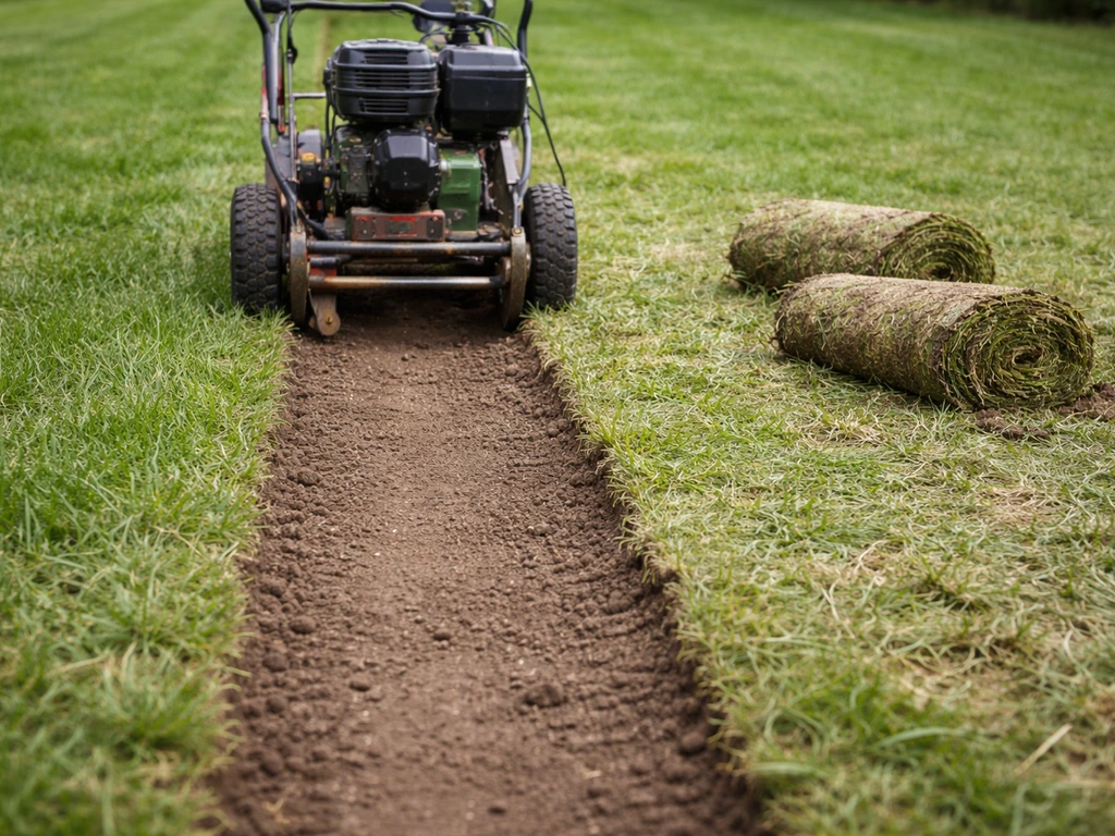 Sod cutter lifting turf to expose bare soil for patio paver base prep