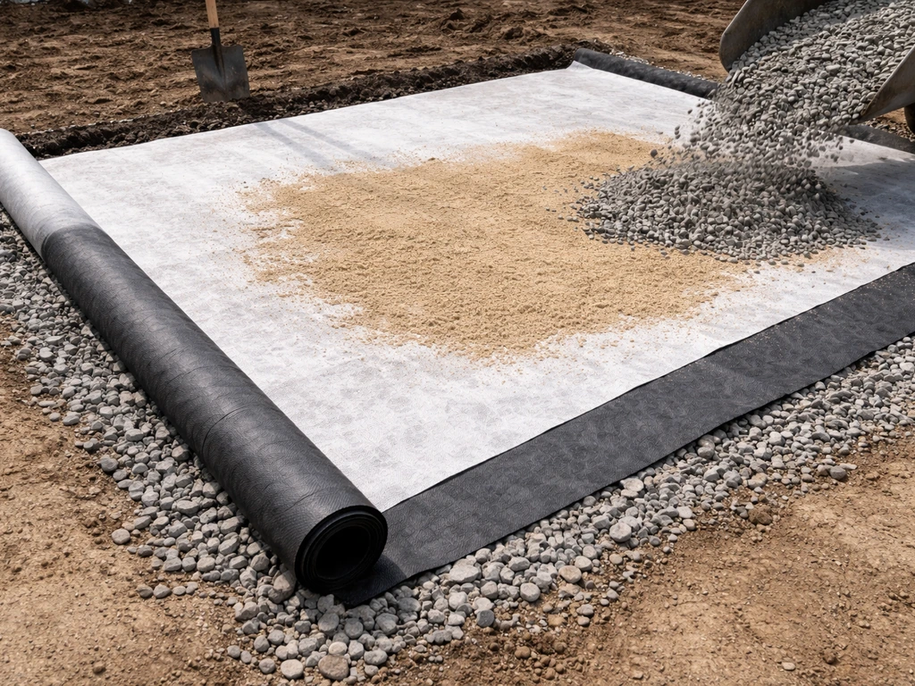 Worksite showing geotextile fabric spread over compacted ground with gravel and bedding sand being placed.