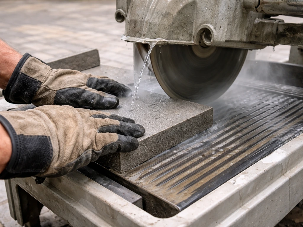 Gloved hands pushing a patio paver into a diamond wet saw for a precise cut