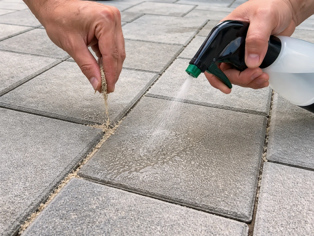Hands sprinkling polymeric sand into paver joints, then misting with water for activation