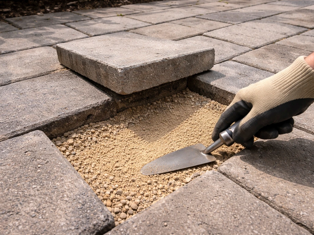 A single sunken paver lifted from a patio, with bedding sand being leveled to fix pooling water.