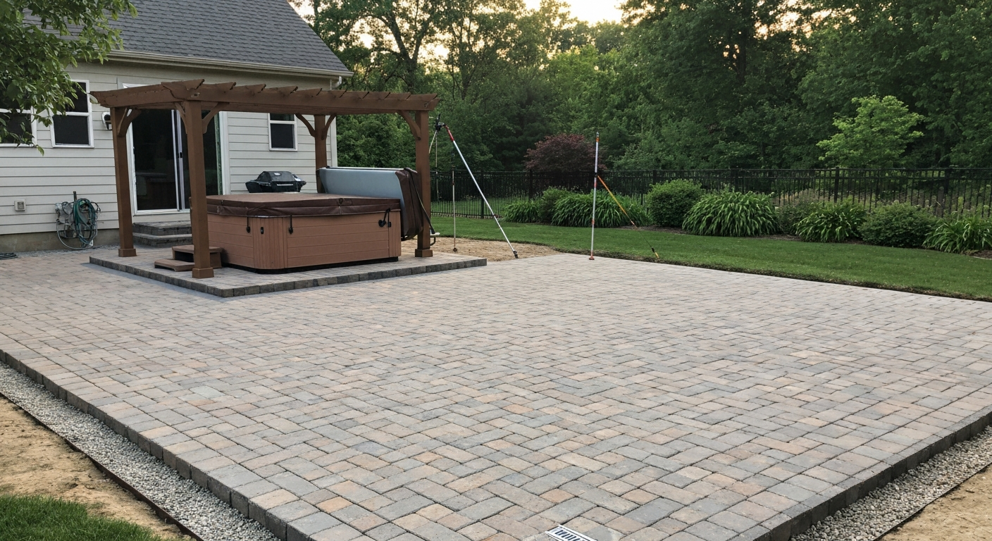 Finished backyard paver patio supporting a hot tub under a pergola; visible edge restraint, drainage channel, and story poles indicating proper installation.