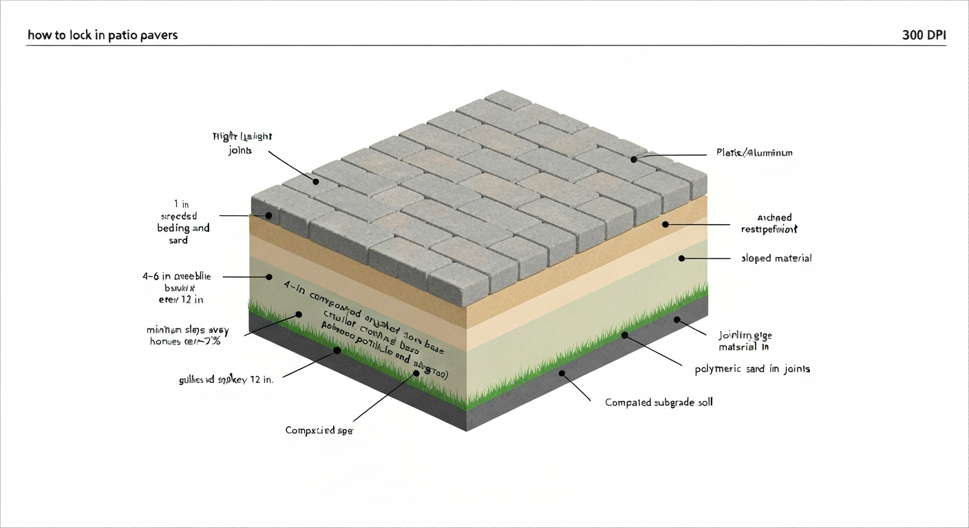 Isometric cross-section infographic of patio pavers showing layers: pavers, screeded sand, compacted crushed-stone base, geotextile, and subgrade, plus edge restraint and compaction arrows.
